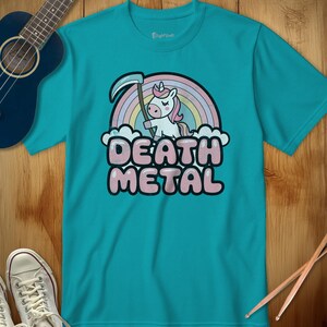 Death Metal Unicorn T-Shirt, Cute Pastel Goth Tee, Kawaii Metal Band Shirt, Funny Dark Humor Graphic, Grim Reaper Unicorn, Alt Fashion