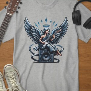 Angel Guitar Shirt – Spiritual Musician Gift – Divine Rock Music Tee – Guitarist Heaven Bandwear – Religious Rocker Graphic T-Shirt