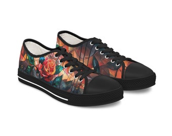 Women's Stained Glass Rose Low Cut Sneakers, Elegant Artwork Shoes