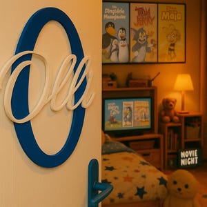 May include: A blue and white name sign that says "Ollie" is mounted on a white door. The door is slightly ajar, revealing a child's bedroom with cartoon posters, a TV, and a teddy bear. A sign reads "Movie Night".
