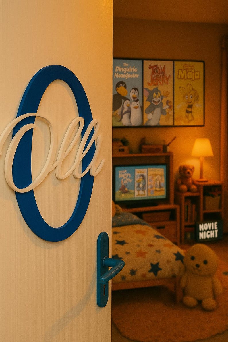 May include: A blue and white name sign that says "Ollie" is mounted on a white door. The door is slightly ajar, revealing a child's bedroom with cartoon posters, a TV, and a teddy bear. A sign reads "Movie Night".