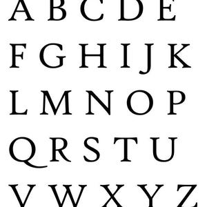 May include: A white background displays the uppercase letters of the alphabet in a classic serif font. The letters are black and evenly spaced, arranged in five rows of five letters, with the final letter 'Z' at the end.