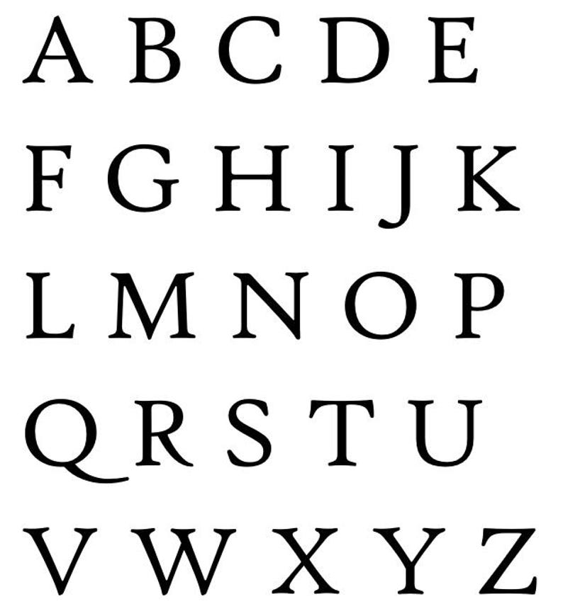 May include: A white background displays the uppercase letters of the alphabet in a classic serif font. The letters are black and evenly spaced, arranged in five rows of five letters, with the final letter 'Z' at the end.