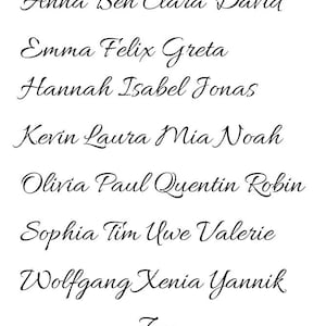 May include: A white background displays a list of names in elegant cursive script. The names include Anna, Ben, Clara, David, Emma, Felix, Greta, Hannah, Isabel, Jonas, Kevin, Laura, Mia, Noah, Olivia, Paul, Quentin, Robin, Sophia, Tim, Uwe, Valerie, Wolfgang, Xenia, Yannik, and Zoe.