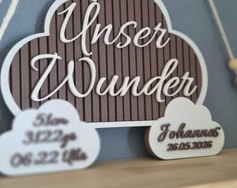 Personalized baby gift for birth and christening | Cloud birth announcement sign 3D print | Name, date, weight, time | Nursery decor for baby