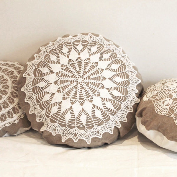 Large Country cottage round doily pillow made of antique hand loomed fabric and vintage doily- decorative accent pillow