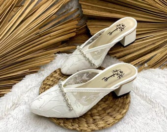 White Lace Bridal Mules: Handmade Pearl Low Heel Wedding Shoes