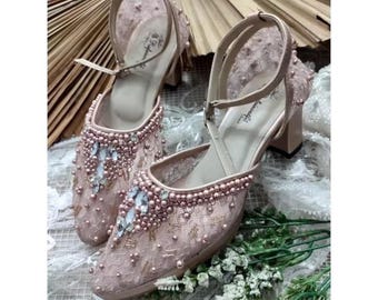 Rose Gold Bridal Heels: Lace Pearl Beaded Wedding Shoes