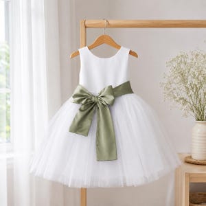 white dress green sash Flower Girl With Period clothing