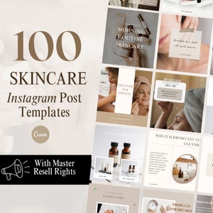 K&ouml;nnte beinhalten: Eine Sammlung von 100 Instagram-Post-Vorlagen f&uuml;r Hautpflegeunternehmen. Die Vorlagen zeichnen sich durch eine minimalistische &Auml;sthetik mit einem beige-braunen Farbschema aus. Der Text auf den Vorlagen enth&auml;lt S&auml;tze wie "Morgenroutine Hautpflege", "Entdecken Sie unsere Dienstleistungen", "Warum es wichtig ist, zu reinigen" und "Produkte f&uuml;r trockene Haut".