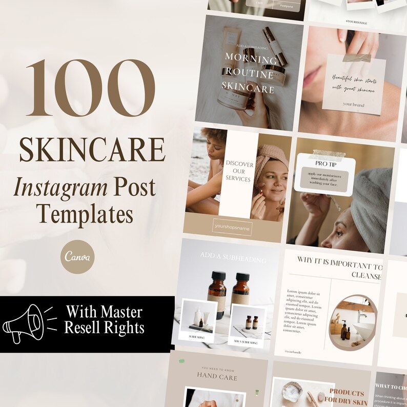 K&ouml;nnte beinhalten: Eine Sammlung von 100 Instagram-Post-Vorlagen f&uuml;r Hautpflegeunternehmen. Die Vorlagen zeichnen sich durch eine minimalistische &Auml;sthetik mit einem beige-braunen Farbschema aus. Der Text auf den Vorlagen enth&auml;lt S&auml;tze wie "Morgenroutine Hautpflege", "Entdecken Sie unsere Dienstleistungen", "Warum es wichtig ist, zu reinigen" und "Produkte f&uuml;r trockene Haut".