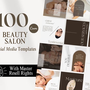 Könnte beinhalten: Eine Collage von Social-Media-Vorlagen für ein Schönheitssalon. Die Vorlagen zeigen Bilder von Personen, die Schönheitsbehandlungen erhalten, Text über die Dienstleistungen des Salons und einen Call-to-Action, um einen Termin zu buchen. Die Vorlagen sind in einem modernen und minimalistischen Stil mit einem braunen und weißen Farbschema gestaltet.