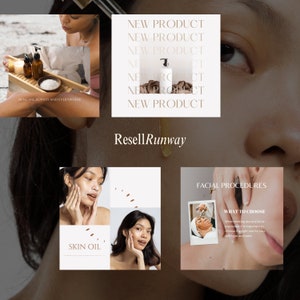 K&ouml;nnte beinhalten: Eine Collage von Bildern, die Hautpflegeprodukte und Gesichtsbehandlungen bewerben. Das obere Bild zeigt ein Tablett mit Hautpflegeprodukten und den Text "Skincare always and everywhere". Das mittlere Bild zeigt eine Frau, die Haut&ouml;l auftr&auml;gt, und den Text "Skin Oil". Das untere Bild zeigt eine Frau, die eine Gesichtsbehandlung erh&auml;lt, und den Text "Facial Procedures" und "What to Choose".