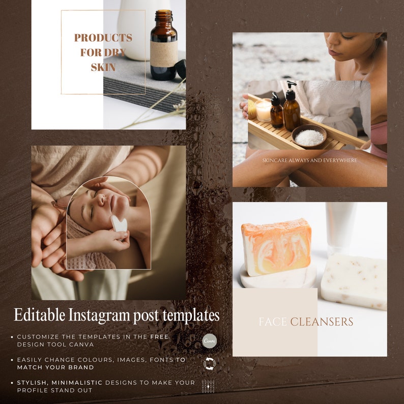 K&ouml;nnte beinhalten: Bearbeitbare Instagram-Post-Vorlagen f&uuml;r Hautpflegeprodukte. Die Vorlagen zeichnen sich durch ein minimalistisches Design mit einem Pfirsich- und Wei&szlig;-Farbschema aus. Der Text "PRODUKTE F&Uuml;R TROCKENE HAUT" ist in einem goldenen Rahmen dargestellt. Der Text "HAUTPFLEGE IMMER UND &Uuml;BERALL" ist in einem wei&szlig;en Rahmen dargestellt. Der Text "GESICHTSREINIGER" ist in einem wei&szlig;en Rahmen dargestellt. Der Text "PASSEN SIE DIE VORLAGEN IM KOSTENLOSEN DESIGN-TOOL CANVA AN" ist in schwarzem Text dargestellt. Der Text "&Auml;NDERN SIE FARBEN, BILDER, SCHRIFTARTEN EINFACH, UM IHRER MARKE ZU ENTSPRECHEN" ist in schwarzem Text dargestellt. Der Text "STILVOLLE, MINIMALISTISCHE DESIGNS, DAMIT IHR PROFIL HERAUSRAGEND IST" ist in schwarzem Text dargestellt.