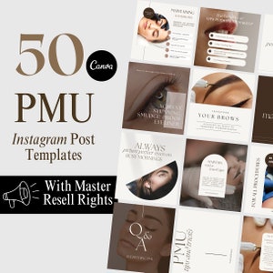 Op de afbeelding: Een verzameling van 50 Instagram-posttemplates voor permanente make-up artiesten. De templates bevatten een verscheidenheid aan ontwerpen, waaronder afbeeldingen van modellen met permanente make-up, tekstoverlays en graphics. De tekst op de templates bevat zinnen als "Bereik verbluffende, veegbestendige eyeliner", "Transformeer je wenkbrauwen" en "Altijd perfect op de foto, zelfs op drukke ochtenden".