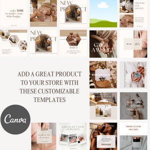 K&ouml;nnte beinhalten: Eine Collage von Social-Media-Vorlagen f&uuml;r eine Beauty- oder Hautpflegemarke. Die Vorlagen zeigen Bilder von Produkten, Text&uuml;berlagerungen und einen Call-to-Action, um ein gro&szlig;artiges Produkt zu deinem Shop hinzuzuf&uuml;gen. Die Vorlagen sind anpassbar und k&ouml;nnen verwendet werden, um neue Produkte, Dienstleistungen oder Sonderangebote zu bewerben. Die Vorlagen sind in einem minimalistischen Stil mit einer neutralen Farbpalette gestaltet.