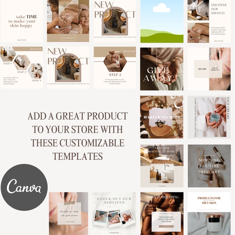 K&ouml;nnte beinhalten: Eine Collage von Social-Media-Vorlagen f&uuml;r eine Beauty- oder Hautpflegemarke. Die Vorlagen zeigen Bilder von Produkten, Text&uuml;berlagerungen und einen Call-to-Action, um ein gro&szlig;artiges Produkt zu deinem Shop hinzuzuf&uuml;gen. Die Vorlagen sind anpassbar und k&ouml;nnen verwendet werden, um neue Produkte, Dienstleistungen oder Sonderangebote zu bewerben. Die Vorlagen sind in einem minimalistischen Stil mit einer neutralen Farbpalette gestaltet.