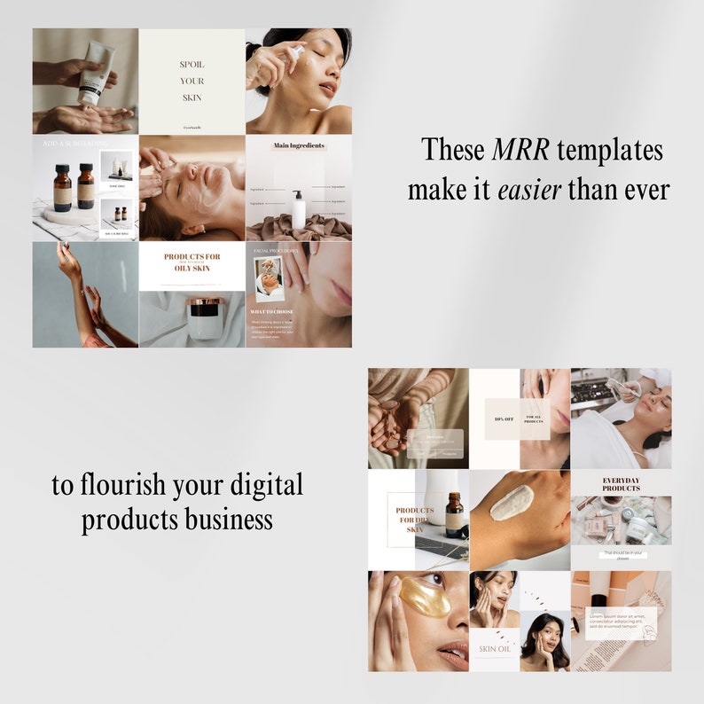 K&ouml;nnte beinhalten: Eine Collage aus Bildern, die Hautpflegeprodukte bewerben. Die Bilder zeigen Nahaufnahmen von Hautpflegeprodukten, H&auml;nde, die Produkte auftragen, und Menschen mit strahlender Haut. Der Text "Spoil Your Skin" und "Products for Oily Skin" ist in der Collage sichtbar.