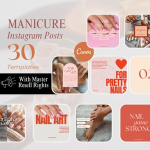 Könnte beinhalten: Eine Sammlung von 30 Instagram-Post-Vorlagen für Nagelstudios und Nageltechniker. Die Vorlagen zeigen verschiedene Designs und Farben, darunter Rosa, Rot und Weiß. Der Text auf den Vorlagen enthält Sätze wie "Nagelpflege 101", "Unsere Dienstleistungen", "Für schöne Nägel", "Nagelkunst" und "Nagelspiel stark".