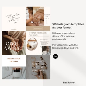 K&ouml;nnte beinhalten: Ein Satz von 100 Instagram-Vorlagen f&uuml;r Hautpflege-Profis. Die Vorlagen sind in einem beige-braunen Farbschema gehalten mit Text, der "Give Away", "Produkte f&uuml;r fettige Haut", "3 Dinge, die Ihrer Haut schaden", "Morgenroutine Hautpflege" und "Entdecken Sie unsere Dienstleistungen" lautet.