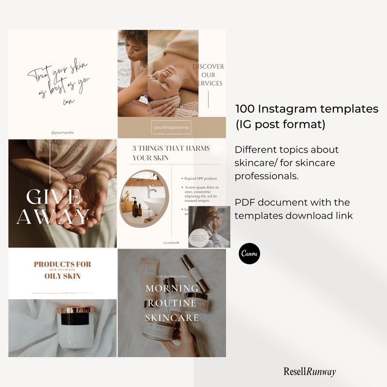 K&ouml;nnte beinhalten: Ein Satz von 100 Instagram-Vorlagen f&uuml;r Hautpflege-Profis. Die Vorlagen sind in einem beige-braunen Farbschema gehalten mit Text, der "Give Away", "Produkte f&uuml;r fettige Haut", "3 Dinge, die Ihrer Haut schaden", "Morgenroutine Hautpflege" und "Entdecken Sie unsere Dienstleistungen" lautet.