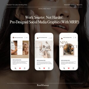 K&ouml;nnte beinhalten: Drei Social-Media-Grafiken f&uuml;r eine Hautpflegemarke. Die Grafiken zeigen eine Frau, die Hautpflegeprodukte auftr&auml;gt, eine Sammlung von Hautpflegeprodukten und die Einf&uuml;hrung eines neuen Produkts. Die Grafiken sind in einem minimalistischen Stil mit einer neutralen Farbpalette gestaltet.