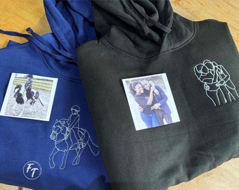 Moletom com Capuz Bordado com Retrato a partir de Foto, Moletom Personalizado com Desenho de Linha de Foto, Moletons Combinando Personalizados para Casais, Presentes de Natal