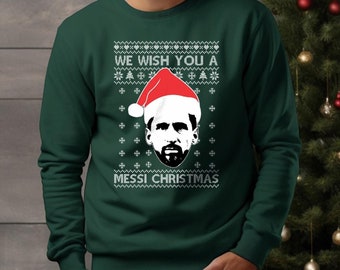 Sudadera navideña "Te deseamos una Navidad de Messi", suéter feo navideño con estampado de Lionel Messi, jersey navideño divertido para amantes del fútbol, regalo para fans de Messi.