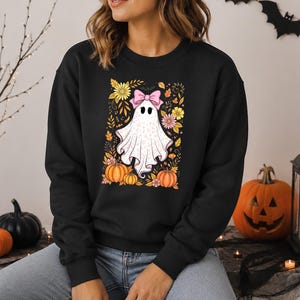 Floral Ghost Halloween Sweatshirt, Cute Pink Bow Ghost Sweater, Fall Crewneck, Girly Autumn Jumper, Spooky Ghost Top, Halloween Gift for Her