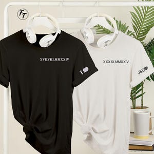 Roman Numeral Embroidered T-Shirts, Personalised Couple Shirt with Initials & Date, Father&#39;s Day Gift, Gift for Him, Memorial Birthday Gifts