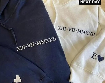 Custom Embroidered Roman Numerals Hoodie, Valentines Day Couple Matching Hoodie, Personalised Initials with Heart Hoodie, Gift for Boyfriend