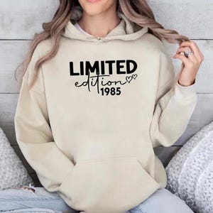 Personalised Birthday Hoodie, Limited Edition 1985 Printed Hoodie, 40th Birthday Jumper, 50th Birthday Gift, Birthday Gifts for His and Her