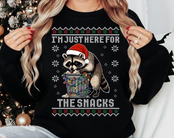 Funny Raccoon Christmas Sweatshirt, Snack Lovers Ugly Holiday Printed Sweater, Trash Panda Christmas Jumper, Xmas Gifts, Raccoon Lovers Gift