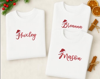 Personalised Christmas Embroidered Sweatshirt, Custom with Name Santa Hat Sweater, Family Matching Xmas Holiday Jumpers, Gifts for Christmas