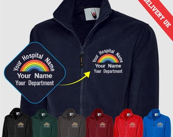 Rainbow Embroidered Fleece Jacket, Custom Name & Hospital Department Nurse Jacket, NHS Jacket, Gift for Healthcare Workers, Free UK Delivery