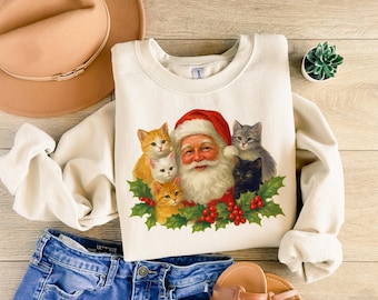 Sudadera navideña retro de Papá Noel y gatitos, suéter navideño vintage de Papá Noel, jersey de Papá Noel, regalos de Navidad, regalos para amantes de los gatos