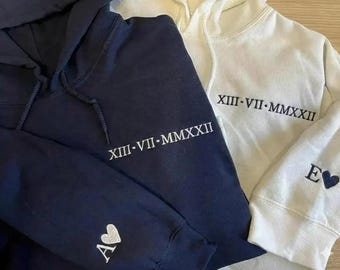 Custom Embroidered Roman Numerals Hoodie, Valentines Day Couple Matching Hoodie, Personalised Initials with Heart Hoodie, Gift for Boyfriend