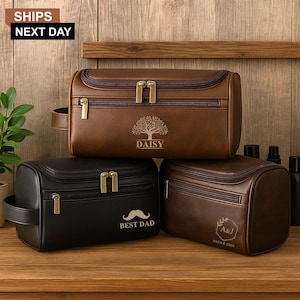 Custom Mens Leather Travel Toiletry Bag, Personalised Engraved Groomsmen Dopp Kit, Father&#39;s Day Gift for Dad, Anniversary Gifts for Husband