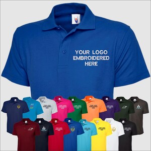 May include: A variety of polo shirts in different colors, including navy blue, red, green, yellow, and white. The shirts have a small logo embroidered on the left chest and the text "YOUR LOGO EMBROIDERED HERE" on the right chest.