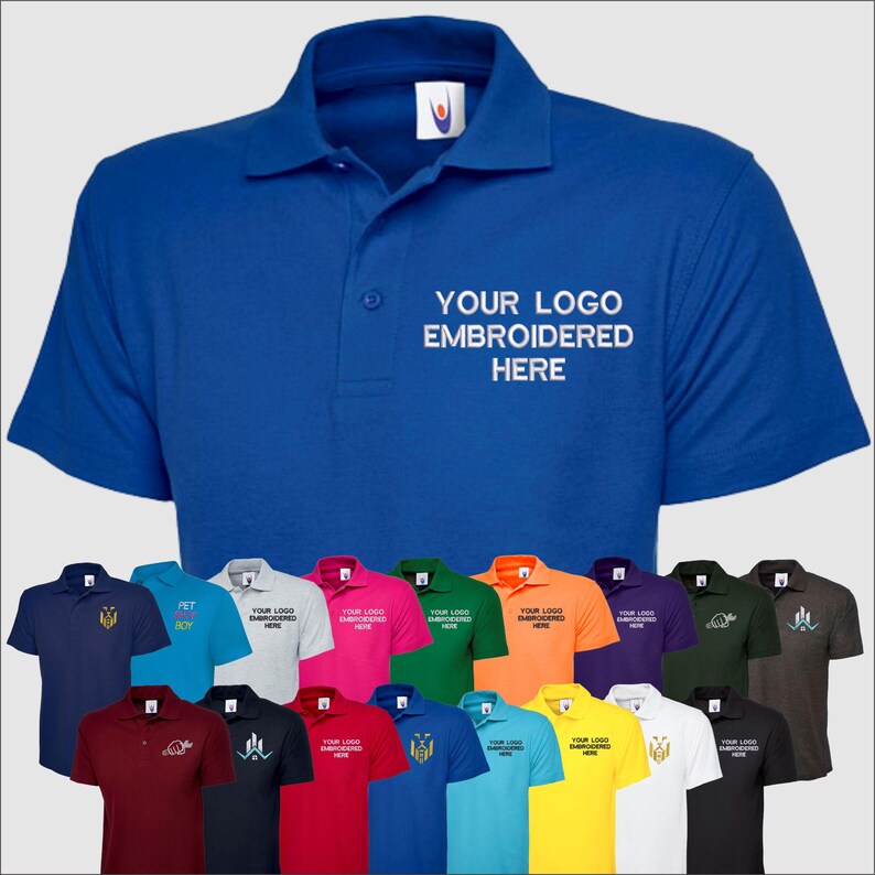 May include: A variety of polo shirts in different colors, including navy blue, red, green, yellow, and white. The shirts have a small logo embroidered on the left chest and the text "YOUR LOGO EMBROIDERED HERE" on the right chest.
