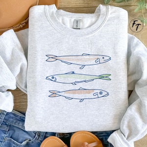 Sardines Embroidered Sweatshirt, Coastal Fish Crewneck Sweater, Beachy Sweatshirt, Summer Ocean Jumper, Sea Life Pullover, Ocean Lover Gifts