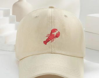 Gorra de langosta roja bordada, gorra de béisbol de langosta lavada vintage, gorra trucker unisex 100% algodón, gorra estilo "papá costero", regalos para amantes de los animales