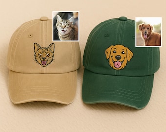 Custom Embroidered Dog Portrait Hat, Personalised Dog and Cat Face Hat, Vintage Pet Sketch from Photo Cap, Memorial Gift, Gift for Dog Lover