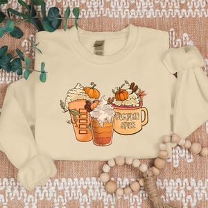 Pumpkin Spice Latte Sweatshirt, Fall Coffee Lover Crewneck Sweater, Autumn Pumpkin Drink Printed Jumpers, Thanksgiving Tops, Gift for Her