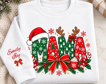 Personalized Christmas Mama Sweatshirt, Custom Mama Sweater with Kids Names on Sleeve, Cute Holiday Crewnecks, Festive Christmas Mom Gifts