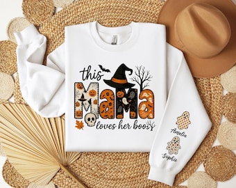 Personalisiertes Halloween Mama Sweatshirt, Benutzerdefinierter gruseliger Mama Pullover mit den Namen der Kinder, Diese Mutter liebt ihre Boos Rundhalsausschnitt, Halloween Mama Geschenke
