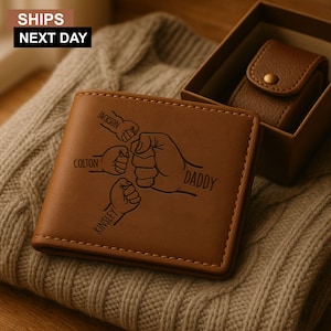 Personalised Dad Fist Bump Leather Wallet, Custom Engraved Wallet with Kids Names, Father's Day Gifts for Him, Best Dad Ever Wallet Gifts