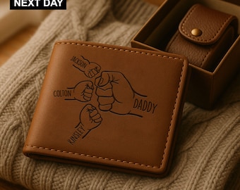 Personalised Dad Fist Bump Leather Wallet, Custom Engraved Wallet with Kids Names, Father's Day Gifts for Him, Best Dad Ever Wallet Gifts
