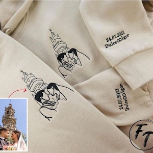 Embroidered Portrait from Photo Hoodie, Personalised Photo Outline Drawing Couple Hoodie, Custom Date on Sleeve Jumper, Wedding Gift for Him