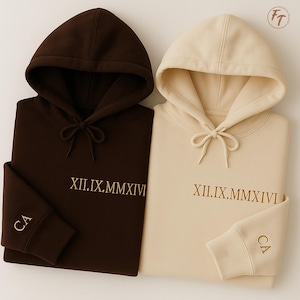Embroidered Roman Numeral Matching Hoodie, Custom Anniversary Date Couple Hoodie, Personalised  Initials on Sleeve Jumper, Boyfriend Gifts
